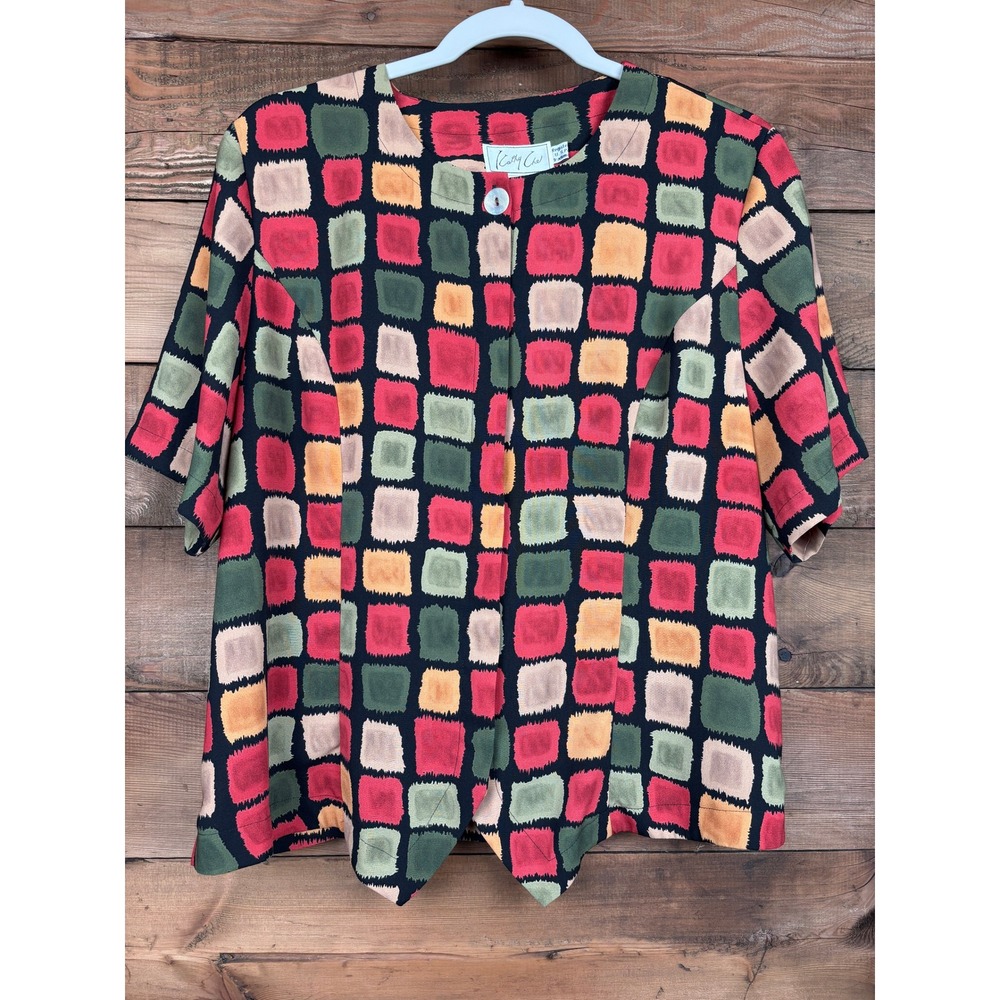 Kathy Che Blouse Womens 14 Geometric Print Shoulder Pads Covered Buttons